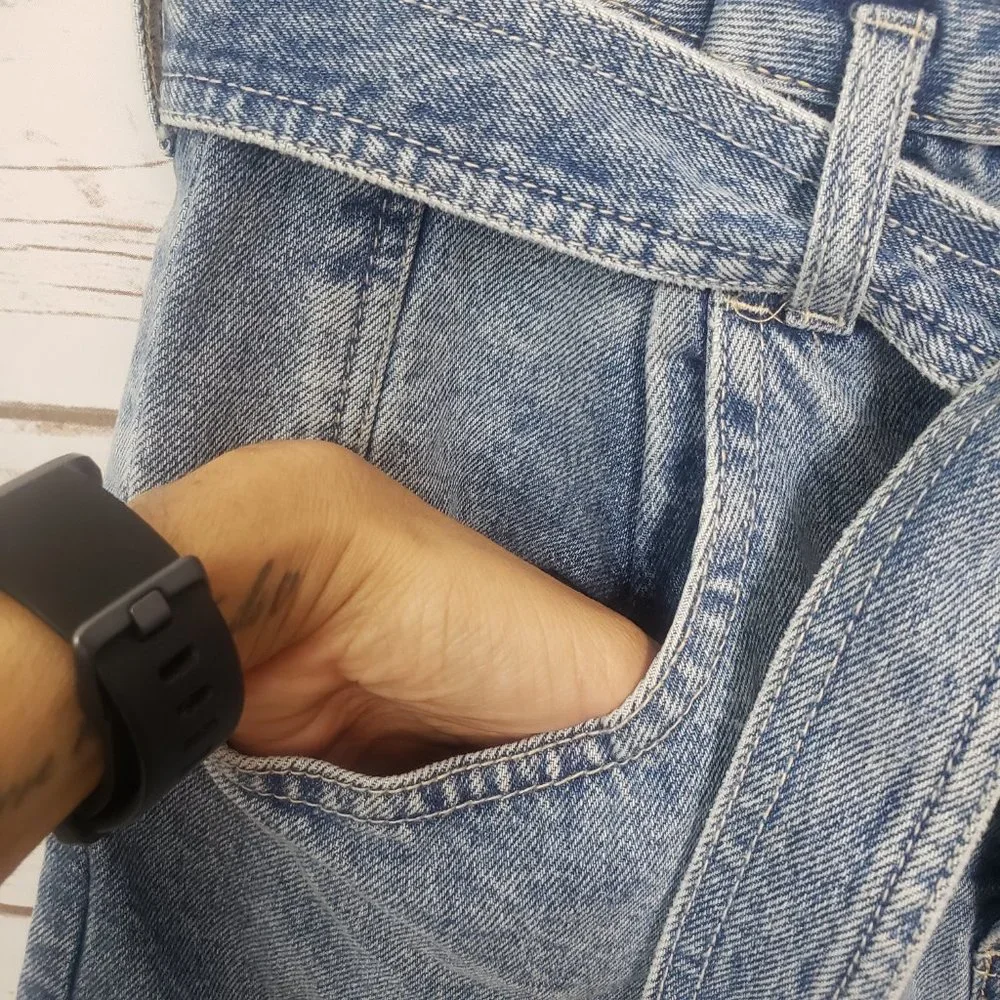 We The Free East of Eden Blue Denim Paperbag Skirt Button Fly Raw Hem Size 26 - Picture 6 of 12